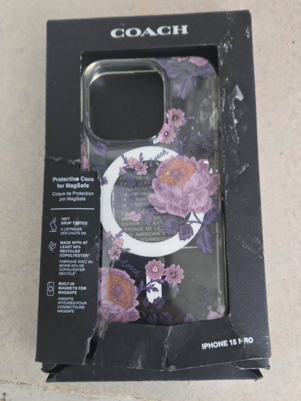 COACH Purple Floral iPhone 15 Pro MagSafe Case New In Box But Ripped Package